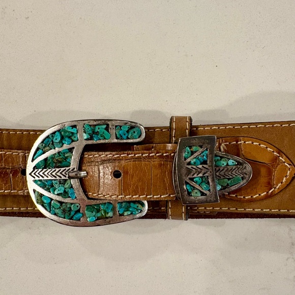 Abaco Paris Accessories - Brown Leather/Suede Belt with Turquoise Buckle
